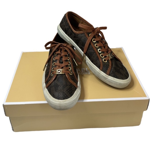 Michael Kors Monogram Boerum Sneakers Brown Gold Luxury Designer MK Logo Size 6M - Picture 15 of 16